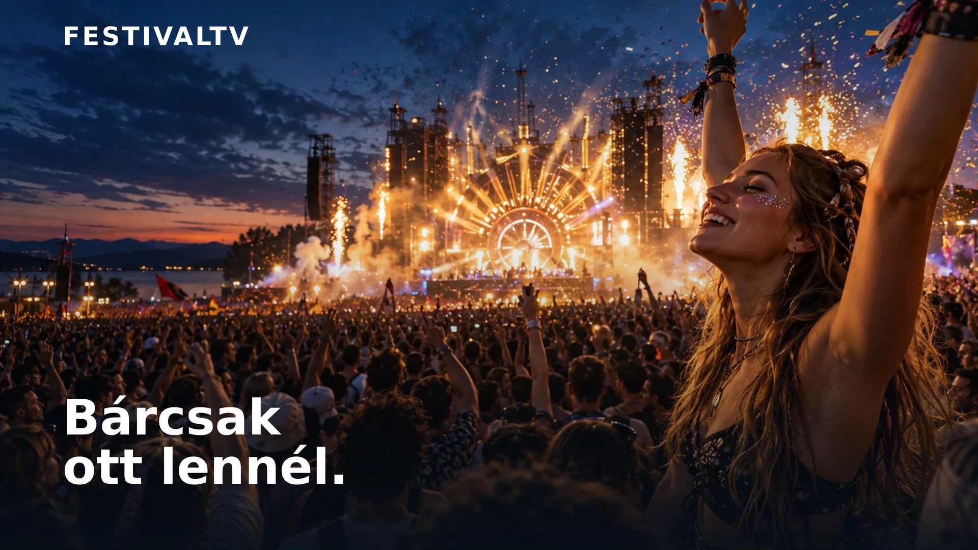 A FestivalTV kampányképe: ünneplő közönség egy esti szabadtéri fesztiválszínpad előtt, tűzijátékkal és konfettivel.