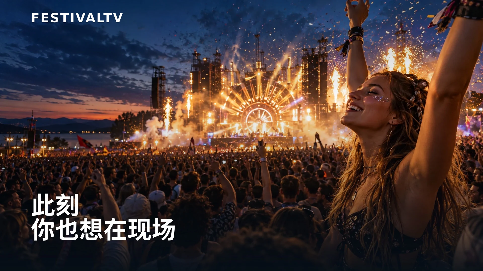 FestivalTV 宣传图:黄昏时分露天音乐节舞台前欢呼的人群,烟火与彩屑飞扬。