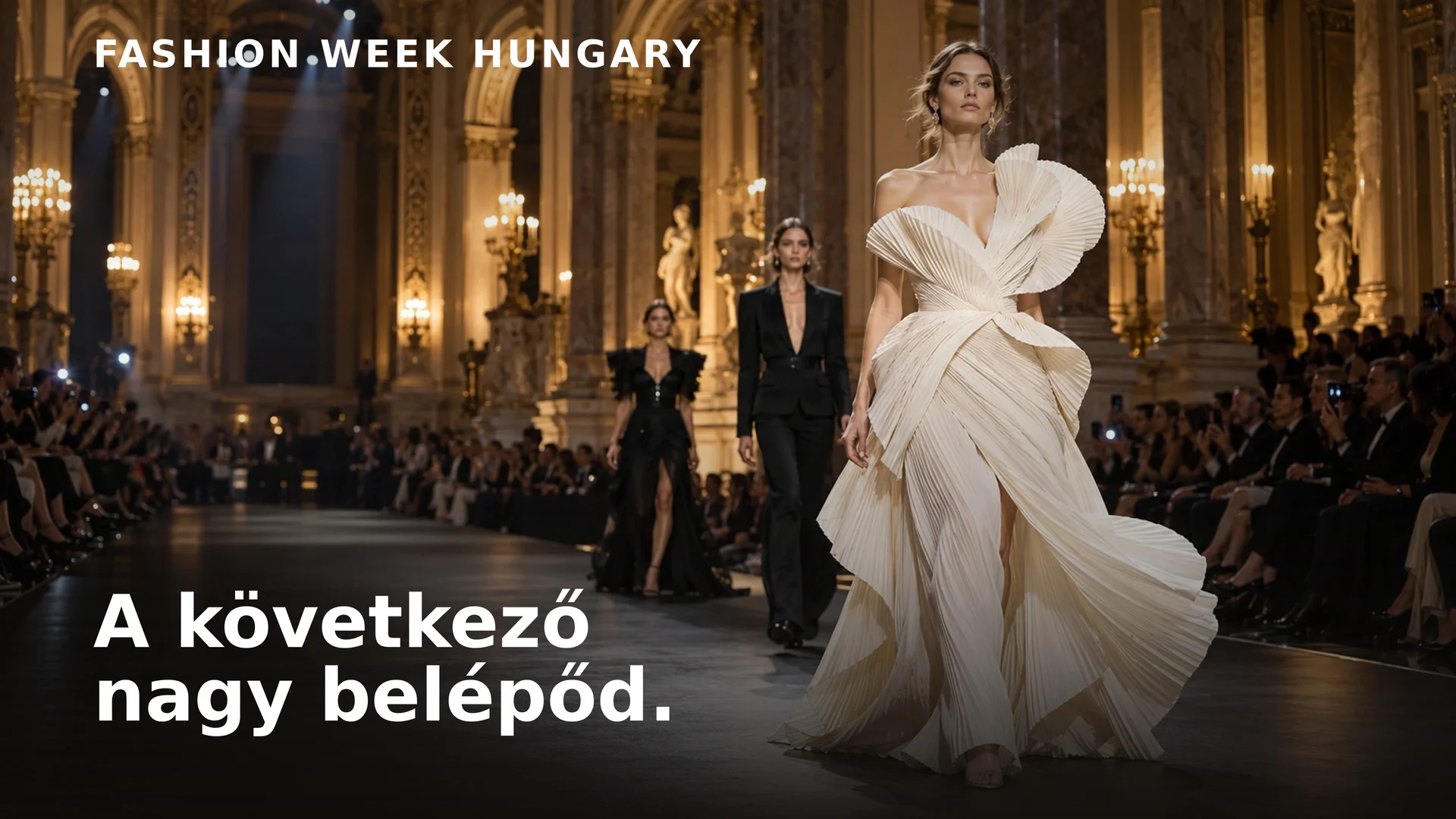 A Fashion Week Hungary kampányképe: modell krémszíntű, pliszírozott estélyiben egy díszes, márványoszlopos teremben kialakított kifutón.