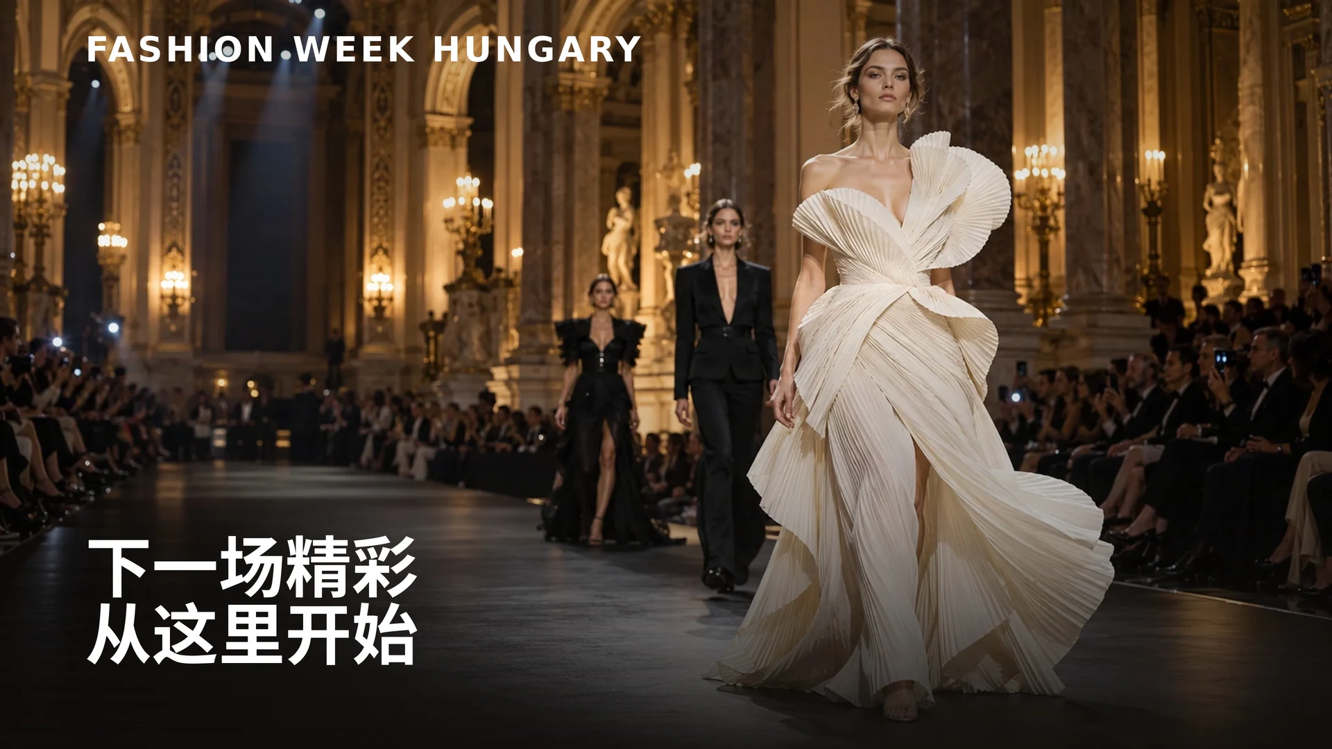 Fashion Week Hungary 宣传图:模特身穿米白色百褶礼服,走在大理石柱华丽大厅的秀场上。
