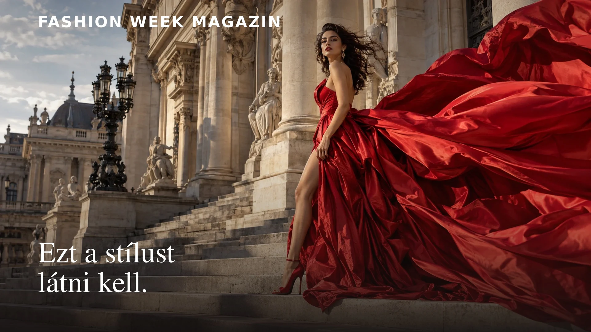 Fashion Week Magazin saját szerkesztőségi grafikája: vörös ruhás divatkompozíció budapesti építészeti háttérrel.