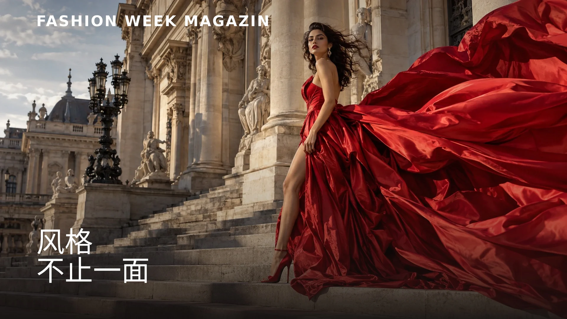 Fashion Week Magazin原创编辑视觉作品:红色礼服时尚构图,以布达佩斯建筑为背景。