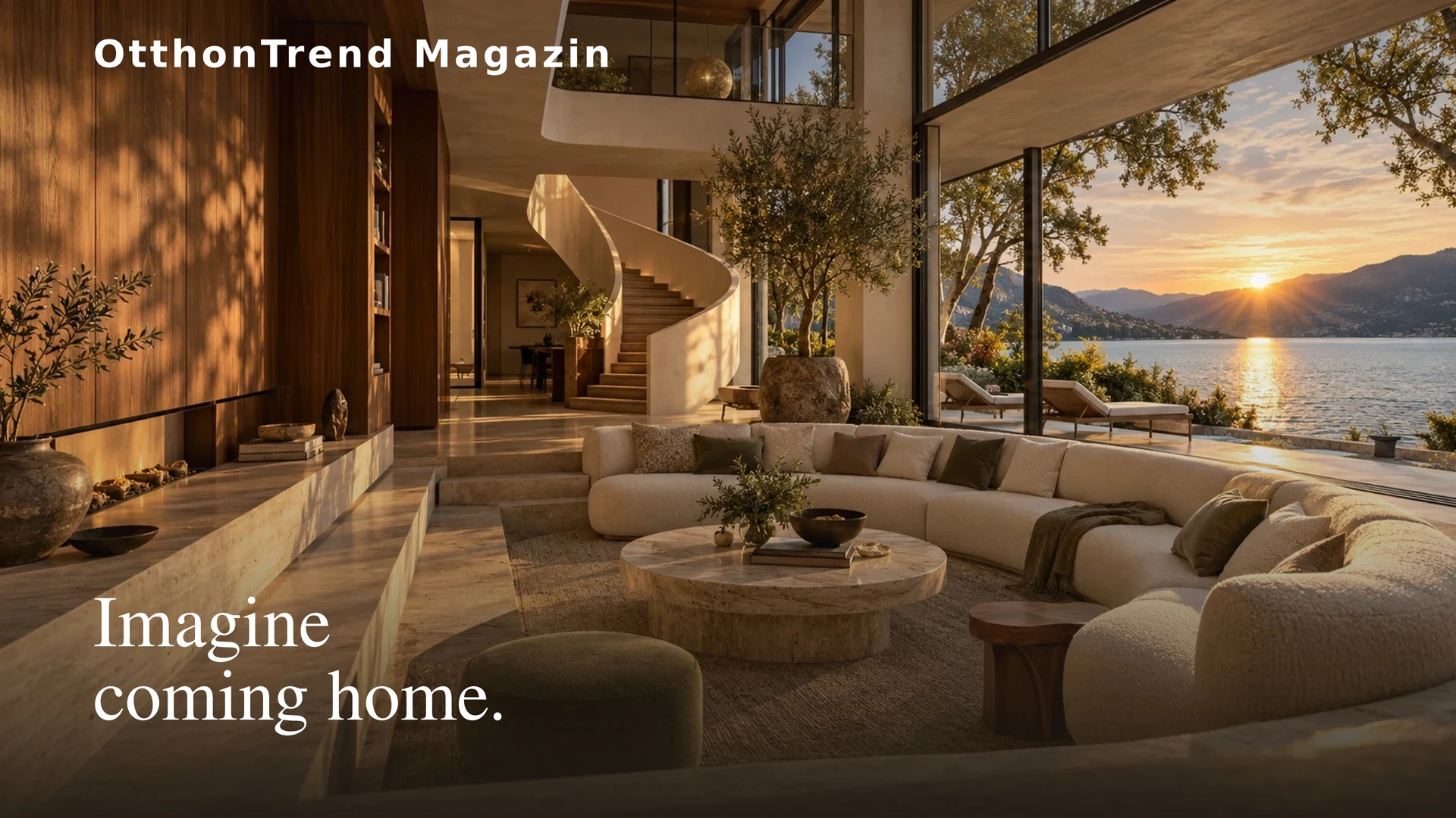 OtthonTrend Magazin campaign artwork: a warm-toned arched window, a table and a green plant.