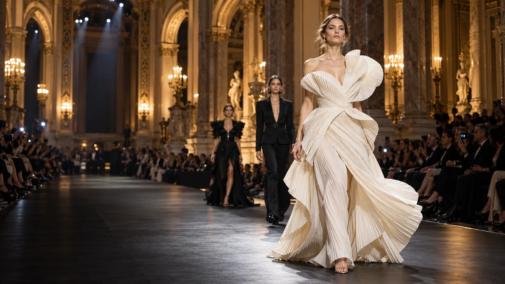 Fashion Week Hungary campaign: an elegant couture runway scene.